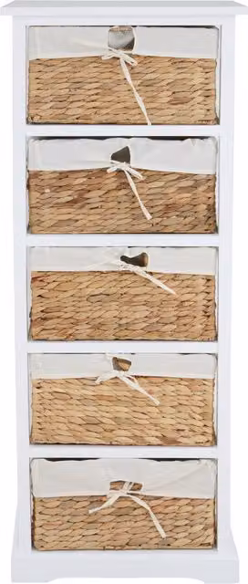Orsina Modern White 5 Drawer Chest in Acacia Wood and Water Hyacinth