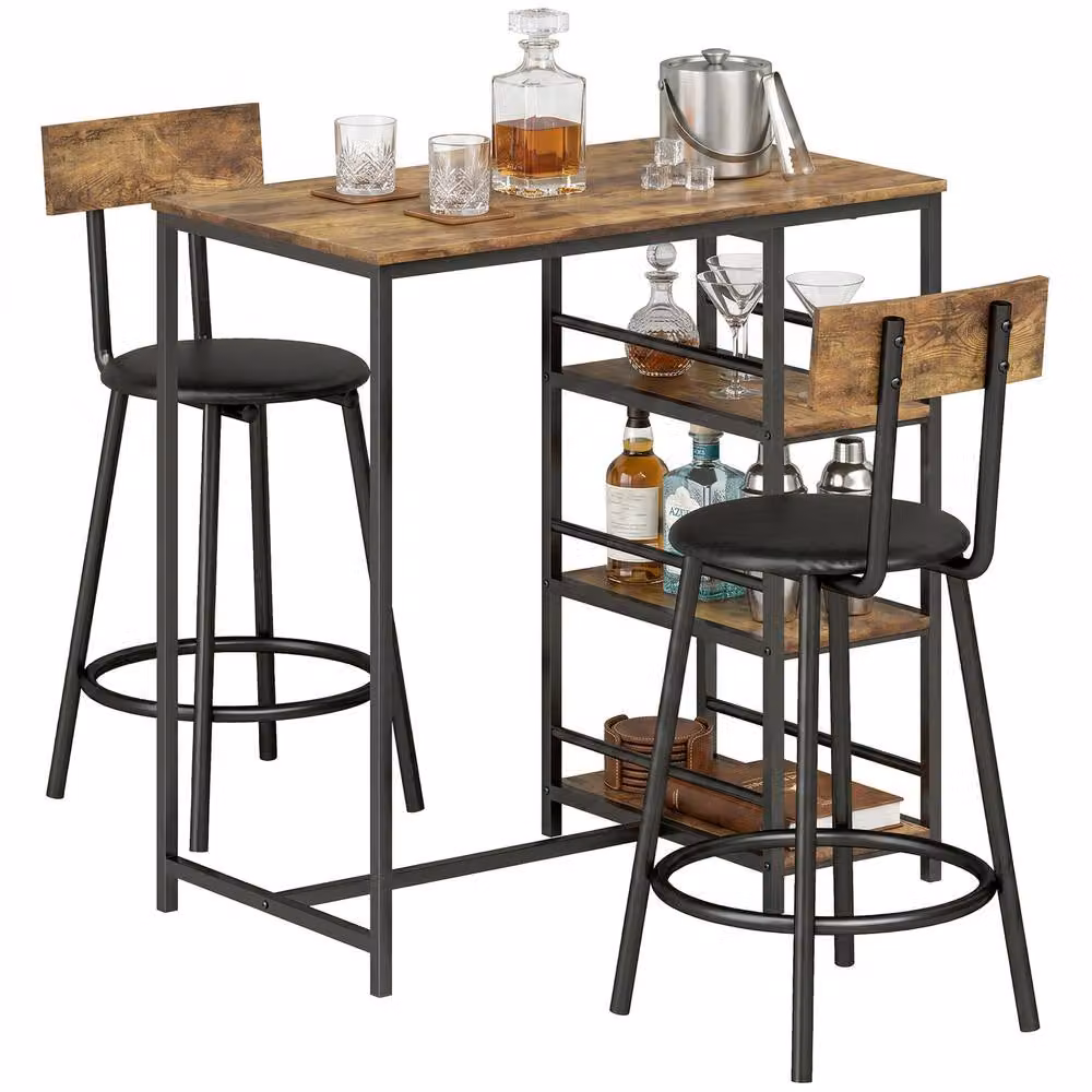 HOMCOM 3 Piece Breakfast Bar Table and Stools Set in Rustic Brown – 2