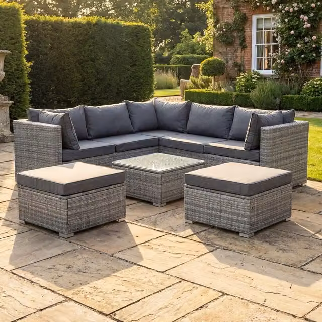 Artemis Home Oliena 7 Seat Modular L-Shaped Corner Garden Furniture Set in Brown and Grey Polyrattan with Upholstered Cushions