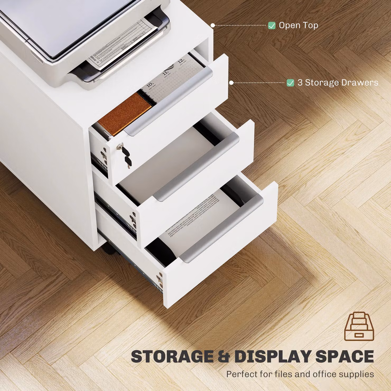 HOMCOM Modern 3-Drawer Locking Mobile Filing Cabinet in White Metal – 3