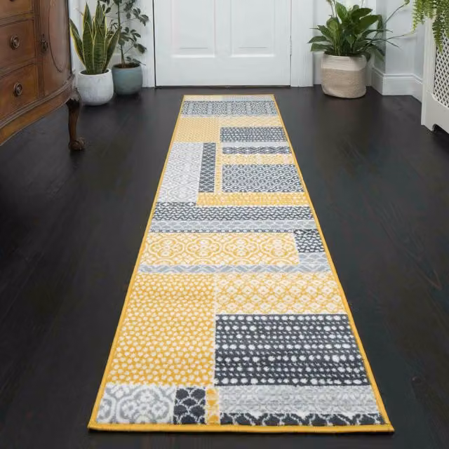 The Rug House Floral Patchwork Boho Living Room Rug in Yellow and Multicolour, W: 240 cm, D: 60 cm