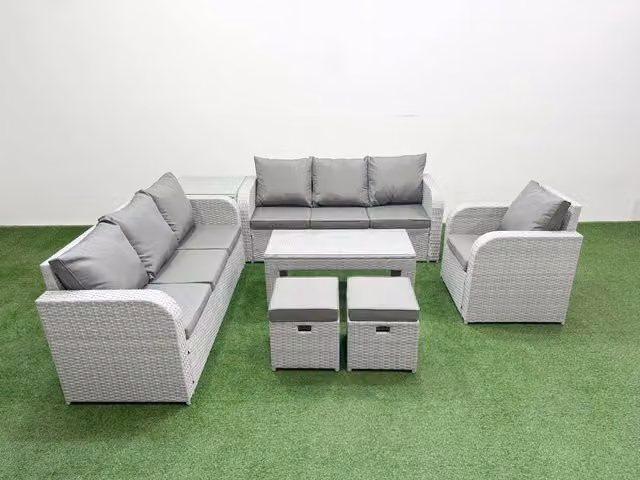 Fimous 9 Seater Grey Poly Rattan Outdoor Garden Furniture Set with Oblong Coffee Table, 3 Seater Sofas, Reclining Chairs and Side Table