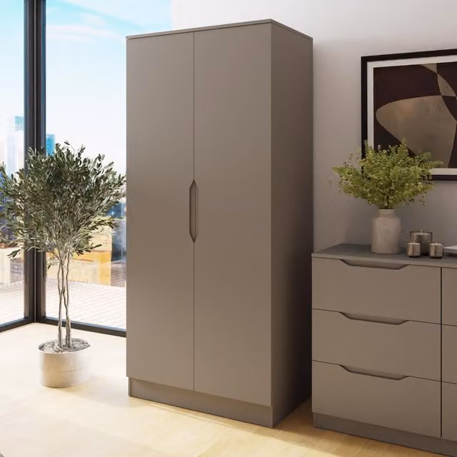 FWStyle Modern 2 Door Wardrobe with Hanging Rail and Top Storage in Matt Putty