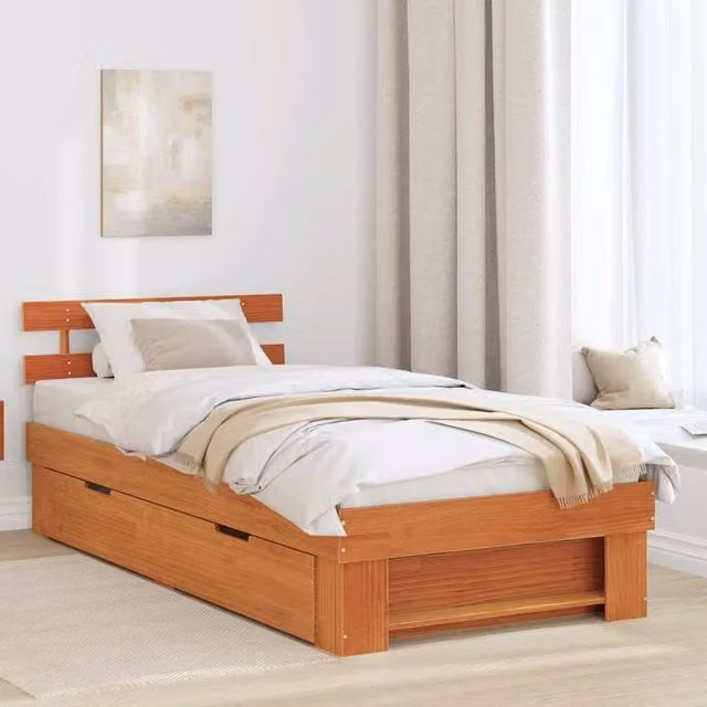 Berkfield Home Solid Pine Wood Bed Frame with Headboard in Wax Brown, W/D/H: 90 x 200 cm – 1