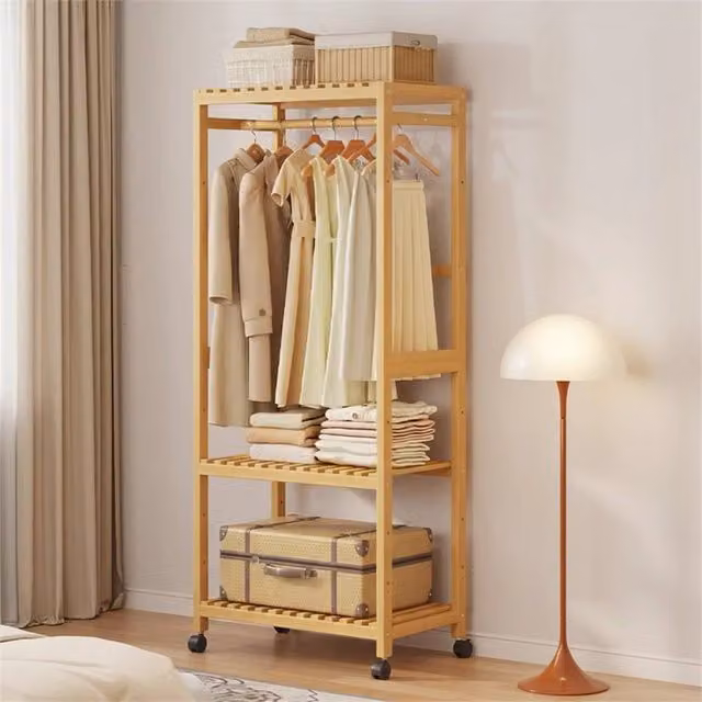 VOGREX Brown Wooden Rolling Clothes Rail and Shoe Storage Stand