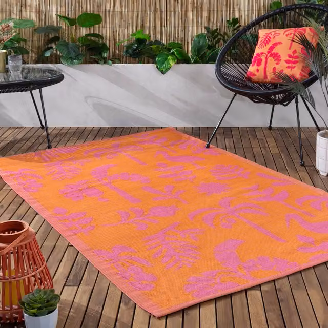 Marula Recycled Woven Floral Rug in Orange and Pink for Indoor and Outdoor Use