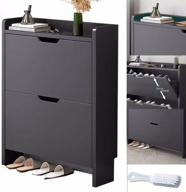 VOGREX 2 Drawer Black Wooden Shoe Rack Storage Cabinet with Tilting Compartments W/D/H: 80 x 47 x 47 cm – 1