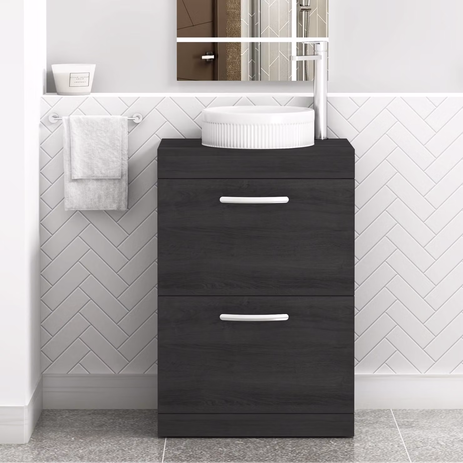 Royal Bathrooms Turin 600mm Floor Standing 2 Drawer Vanity Unit in Hale Black with Round Countertop Basin