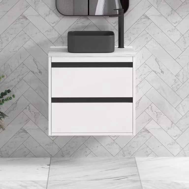 Royal Bathrooms Orion 600mm Matt White Wall Hung Vanity Unit with 2 Drawers and Art Square Basin with Black Accent Trim