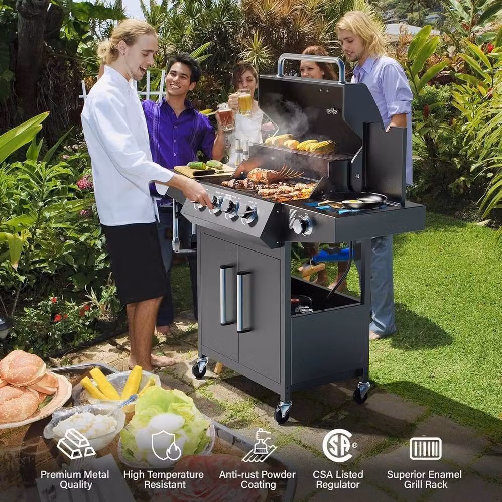 PAWNORA 4+1 Burner Gas BBQ Grill Trolley with Side Burner in Black – 5