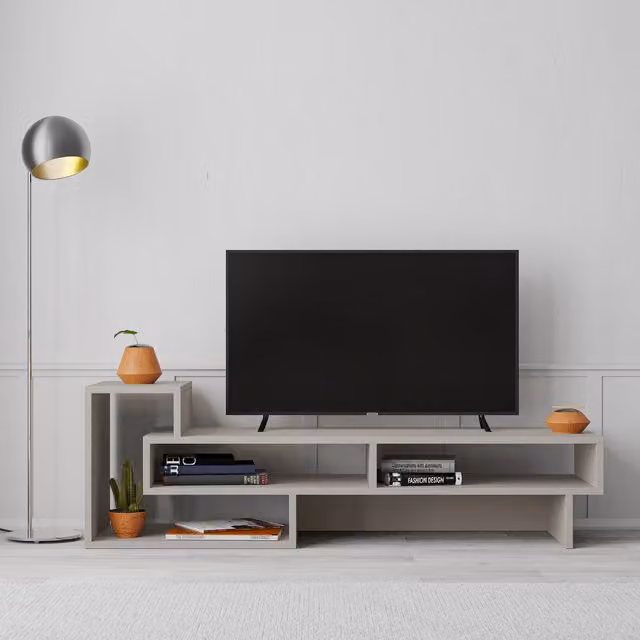 Decortie Modern Freestanding TV Stand with Media Compartments in Grey and Brown Matt Finish