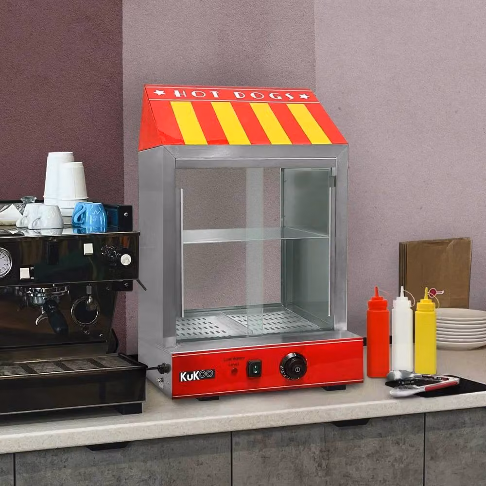 Kukoo Commercial Hot Dog Steamer in Red with Stainless Steel and Glass Construction – 4