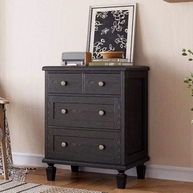 VOGREX 4 Drawer Wood and Metal Dresser in Black – 1