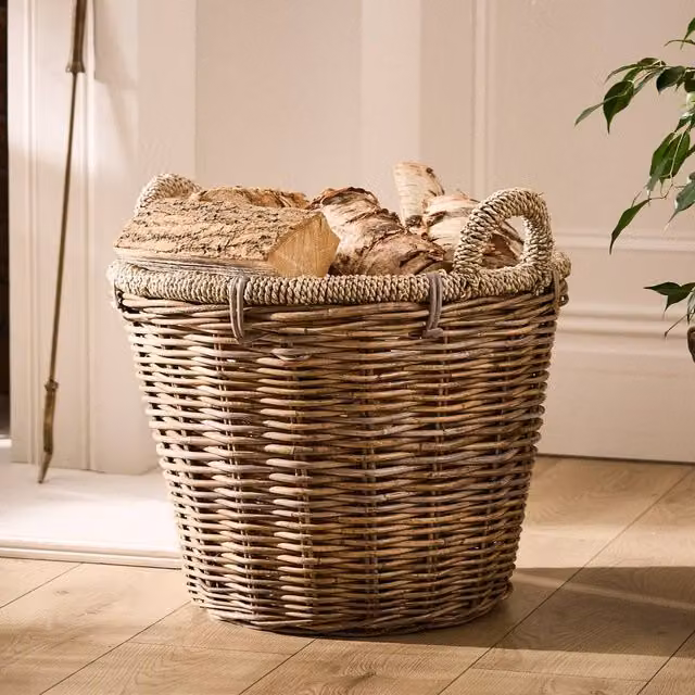 Dibor Traditional Natural Lined Rattan and Seagrass Log Basket in Brown and Beige, H: 41 cm, W: 53 cm