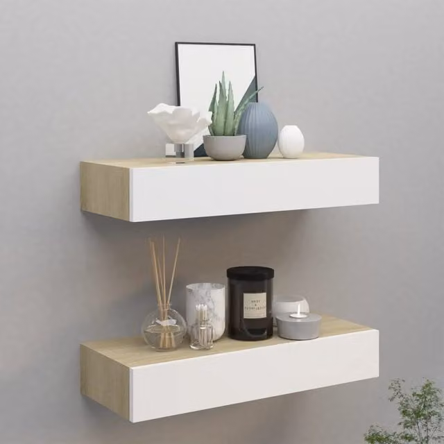 Berkfield Home Wall Drawer Shelves, 2 Piece Set in Oak and White, W/D/H: 60 x 23.5 x 10 cm – 1