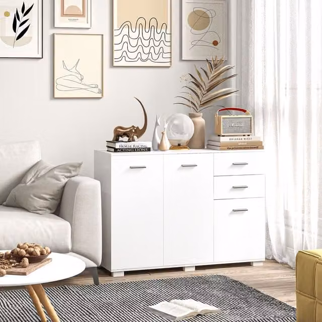 HOMCOM Modern White Sideboard Storage Cabinet with 2 Drawers, 3 Doors and Adjustable Shelves for Kitchen, Living or Dining Rooms