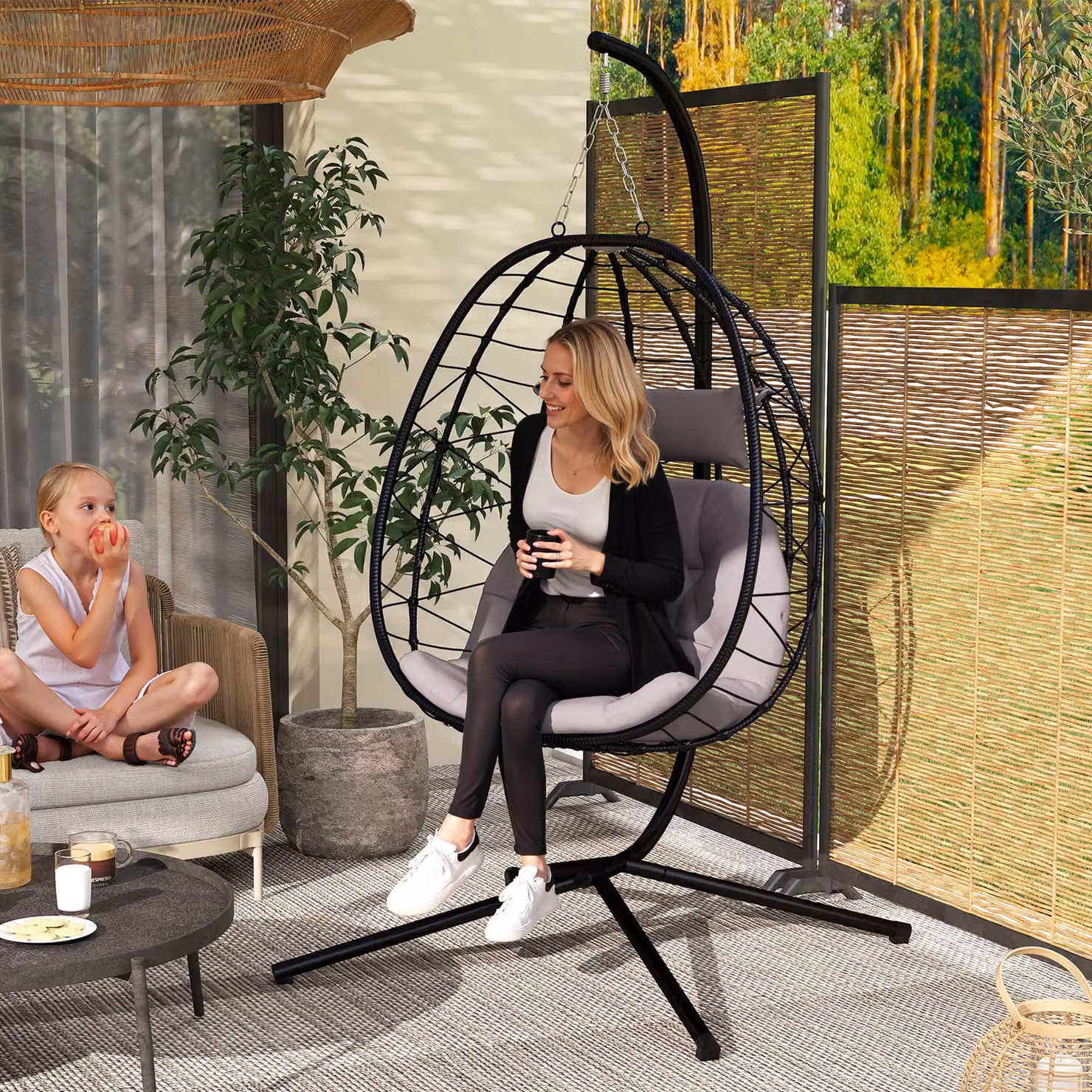 Outsunny Grey Hanging Egg Chair with Stand, Folding Basket, Thickened Cushions and Adjustable Headrest for Garden, Balcony or Patio – 2