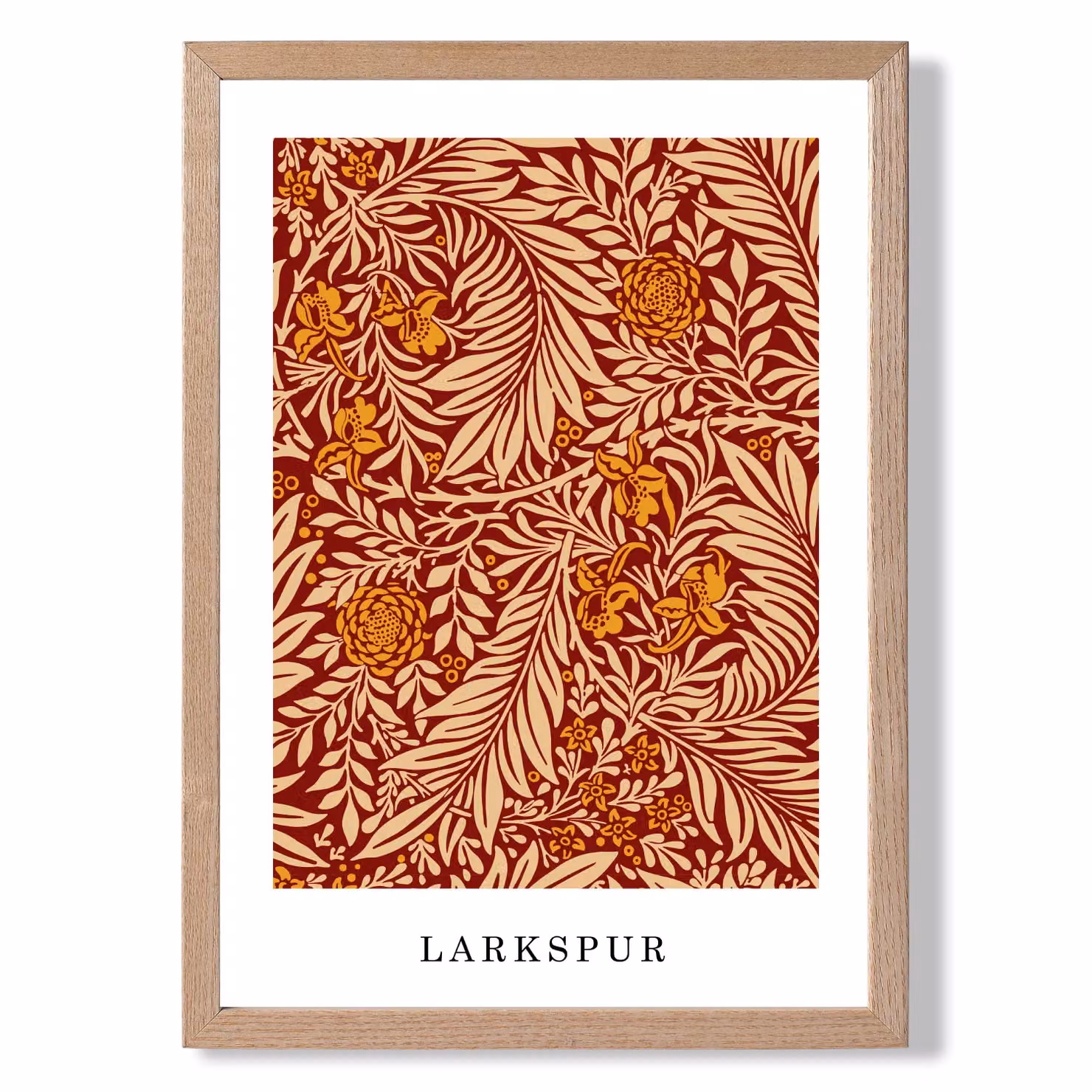 ARTZE Vintage William Morris Larkspur Floral Art Print in Orange and Beige with Oak Wood Frame – 2