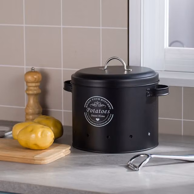 Livingandhome Black Metal Kitchen Potato Onion Garlic Storage Bin Set with Peeler