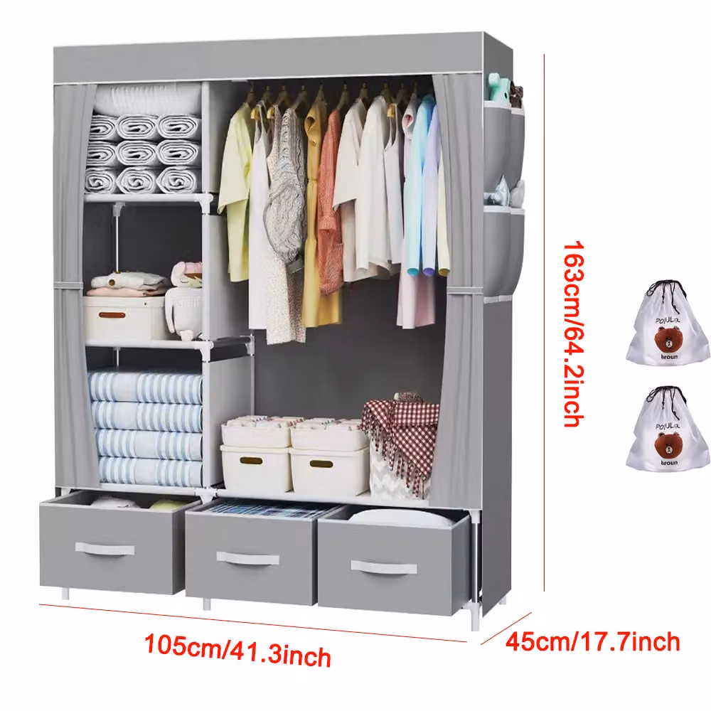 VOGREX Grey Canvas Wardrobe with Hanging Rail and Internal Shelving, W: 105 cm, D: 45 cm, H: 163 cm – 2