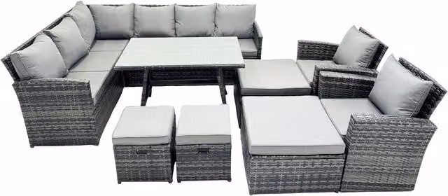 Fimous 12-Seat Poly Rattan Outdoor Corner Sofa and Dining Table Set in Dark Grey Mixed