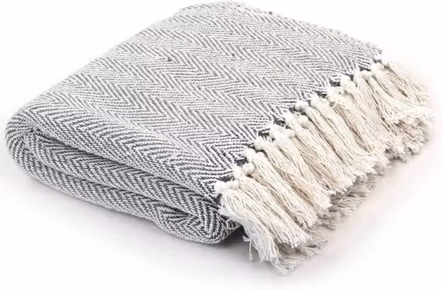 Berkfield Home Grey Cotton Herringbone Woven Throw with Fringes, W: 160 cm, L: 210 cm