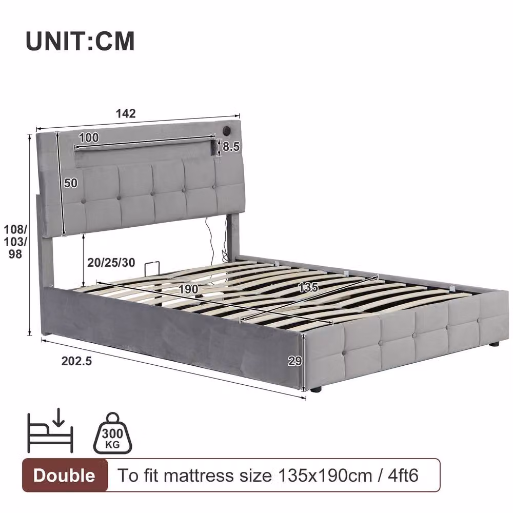 Merax Grey Velvet Upholstered Double Ottoman Bed with LED Lighting and USB Charging Station, W: 140 cm, D: 200 cm – 7