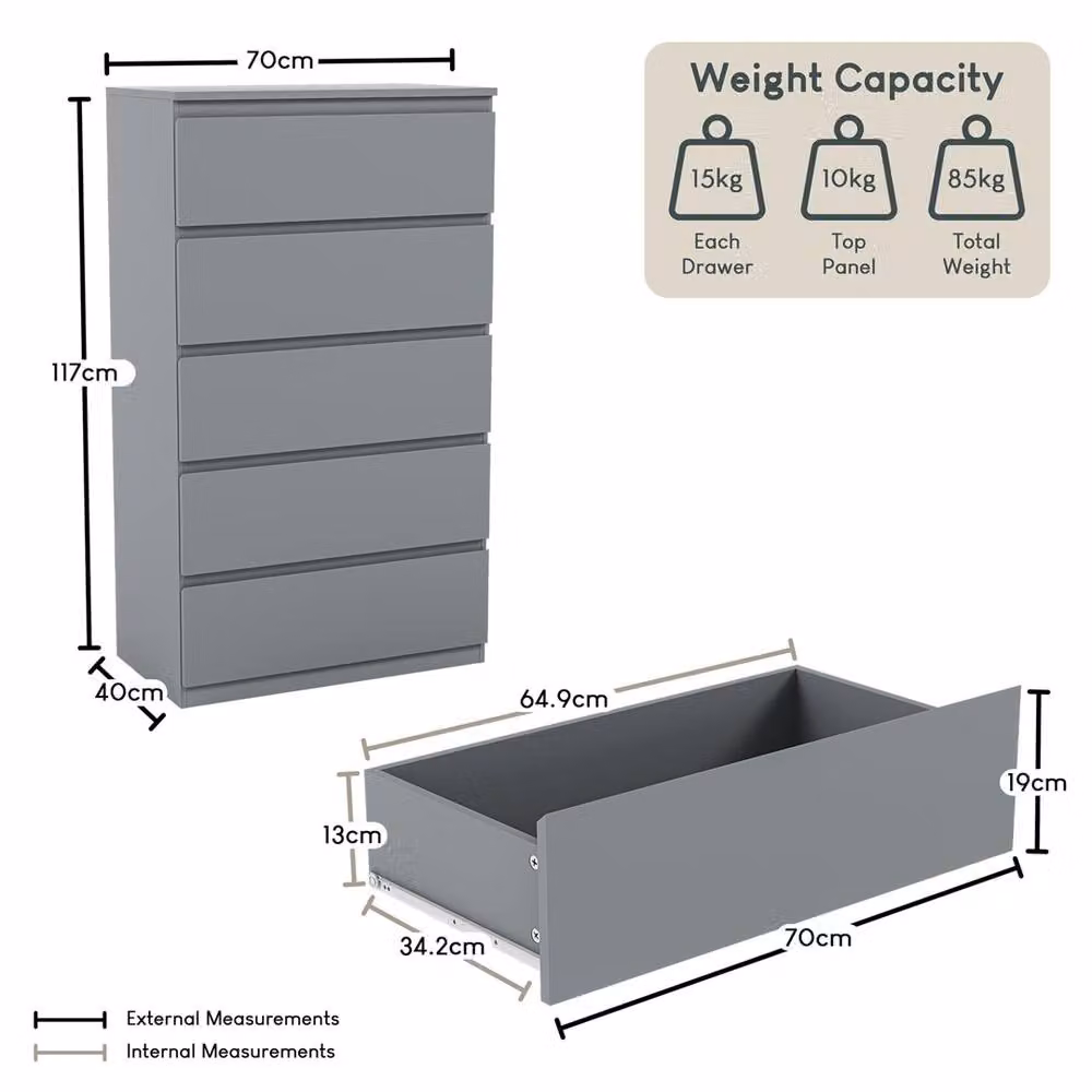 NESTLUNE Grey 5 Drawer Chest of Drawers Storage Cabinet – 3