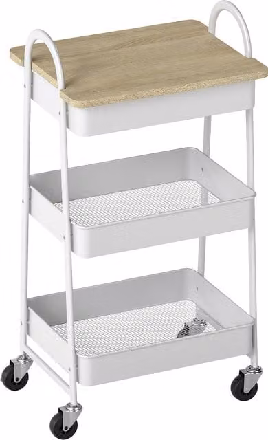 HOMCOM 3-Tier Kitchen Storage Trolley with Wheels and Cover Top Board in White and Oak