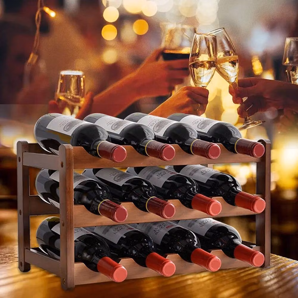 FLAVORA 3-Tier Wooden Wine Bottle Storage Rack, Natural Brown, Holds 12 Bottles – 4