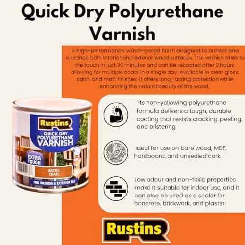 Rustins Quick Dry Polyurethane Varnish Satin Walnut 500ml - Water-Based Brown Wood Finish – 4