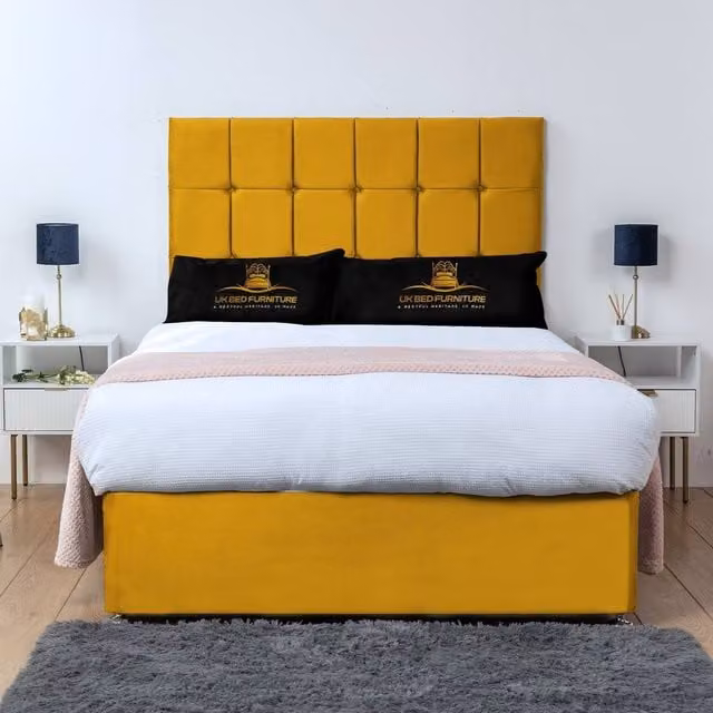 UK Bed Furniture Florence Divan Bed Base with 26 Inch Headboard in Yellow, Small Double, W/D/H: 120 x 200 cm