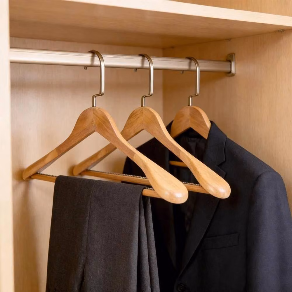 NESTLUNE Set of 5 Non-Slip Wooden Coat and Trouser Hangers with Bar, Brown, W: 100 cm, D: 15 cm – 2