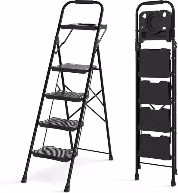 Gymax 4-Step Folding Metal Step Ladder with Tool Tray and Rubber Feet, Black