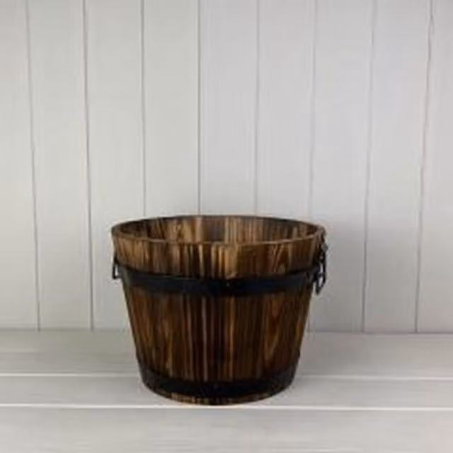 KDMD Brown Burntwood Wooden Barrel with Metal Handles and Drainage Hole