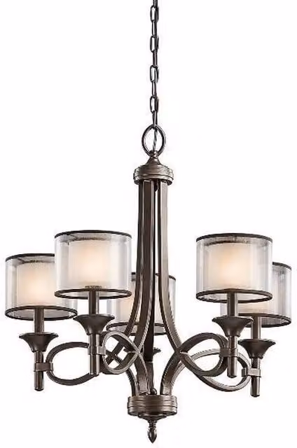 Elstead Lacey 5 Light Multi Arm Chandelier in Mission Bronze with White Glass Shades and E14 Base