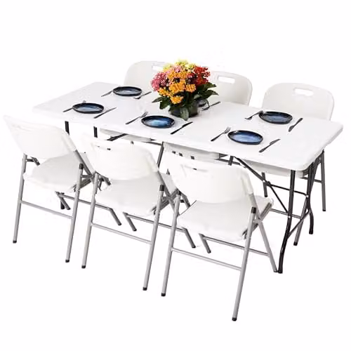 Novecrafto 6ft Folding Table and 6 Folding Chairs Set in White and Black – 1
