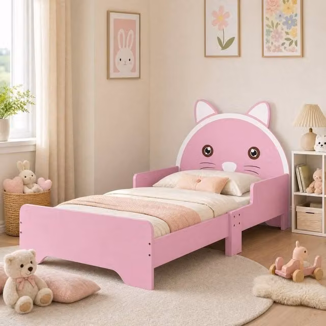 STILVORA Junior Bed Frame with Cat Design in Pink, W/D: 140 x 70 cm