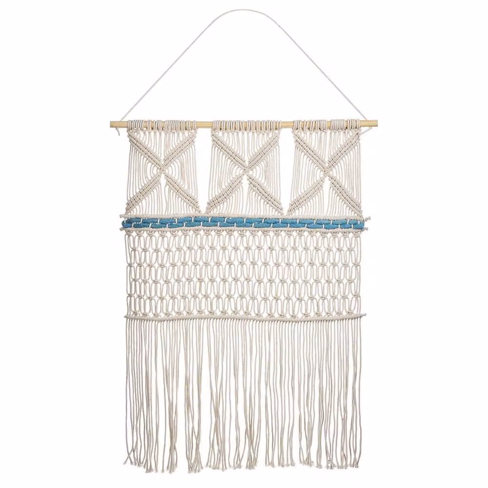 Wyld and Coco Rectangular Geometric Boho Cotton Wall Hanging in Beige and Blue – 2