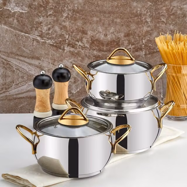 Evimsaray Sevval Series 6-Piece Stainless Steel Mini Cookware Set with Glass Lids and Gold Handles in Silver