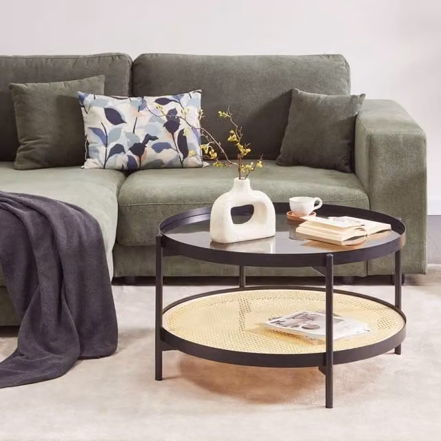 Wyld and Coco Viennese Braid Round Coffee Table with Black Metal and Tempered Glass, Diameter: 80 cm, Height: 45 cm