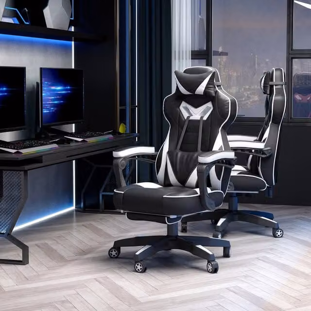 Vinsetto Ergonomic Gaming Chair in White and Black Synthetic Leather with Headrest and 360 Degree Swivel