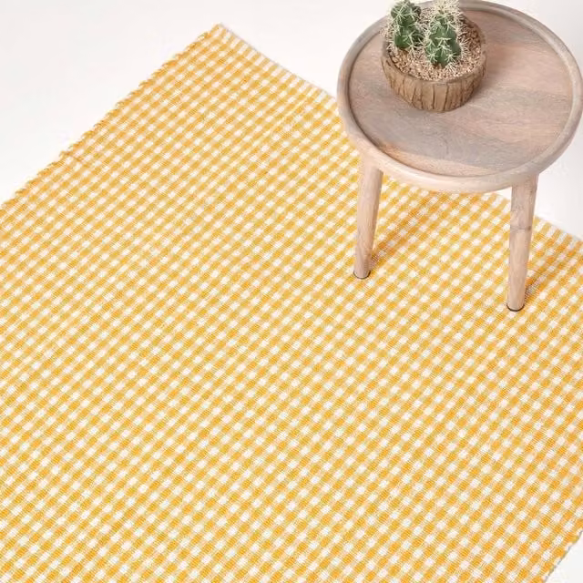 Homescapes Yellow Gingham Check Woven Cotton Rectangular Rug