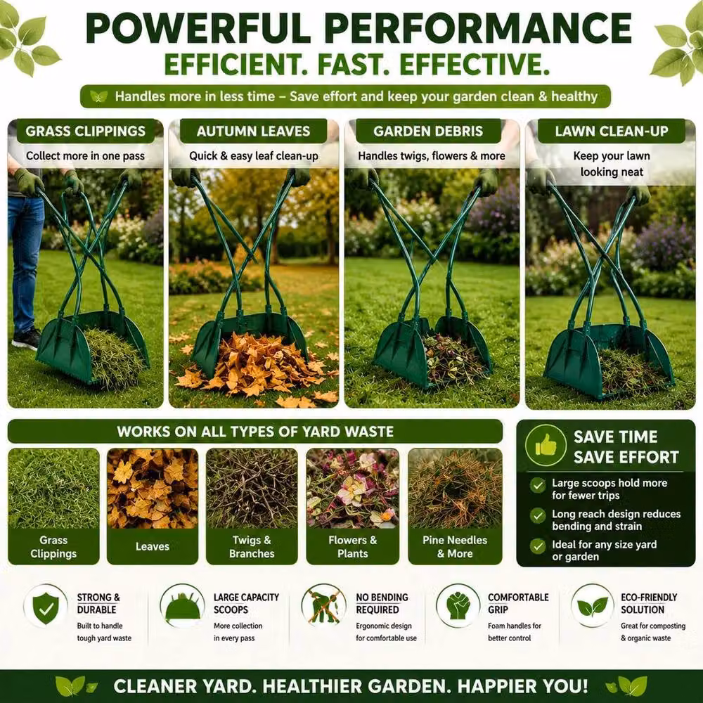 NESTLUNE Long Handled Garden Leaf Collecting Rake in Green, 1.25kg – 5