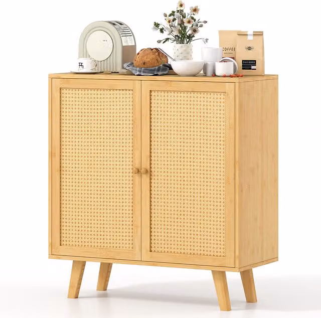 COSTWAY Brown Bamboo and Rattan Boho Buffet Cabinet Sideboard
