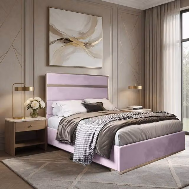 Casani Flookburgh Upholstered Velvet Designer Bed Frame in Pink, W/D/H: 200 x 137 x 189 cm – 1