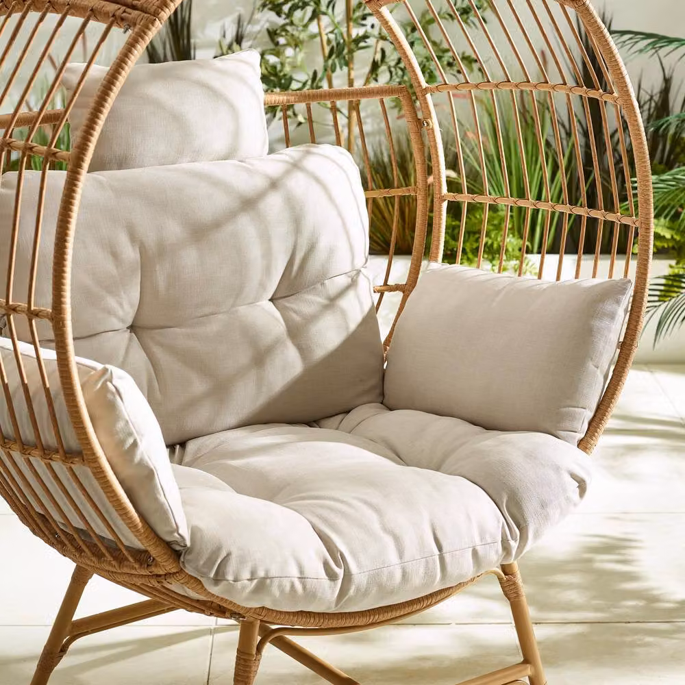 FurnitureboxUK Boca Rattan Cocoon Garden Egg Chair in Beige with Upholstered Fabric and Scatter Cushions – 3