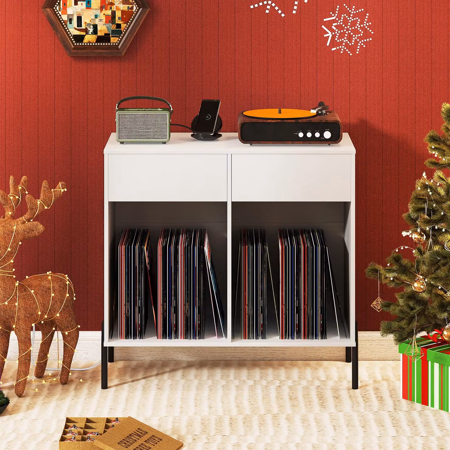 Costway Double Wide Record Player Stand with Power Outlets and Media Compartments in White – 3