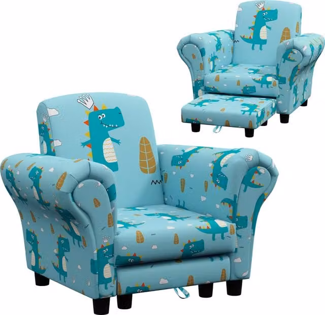 AIYAPLAY 2 Piece Kids Sofa Set with Dinosaur Design, Blue Fabric and Foam with Solid Wood Frame including Ottoman