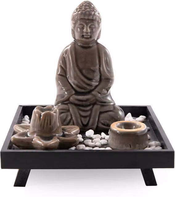 Myga Oriental Ceramic Buddha Incense Burner Set in Black and Brown